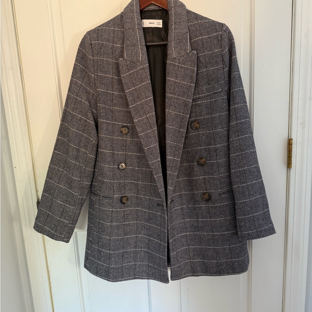 Mango Gray Plaid Double-Breasted Blazer